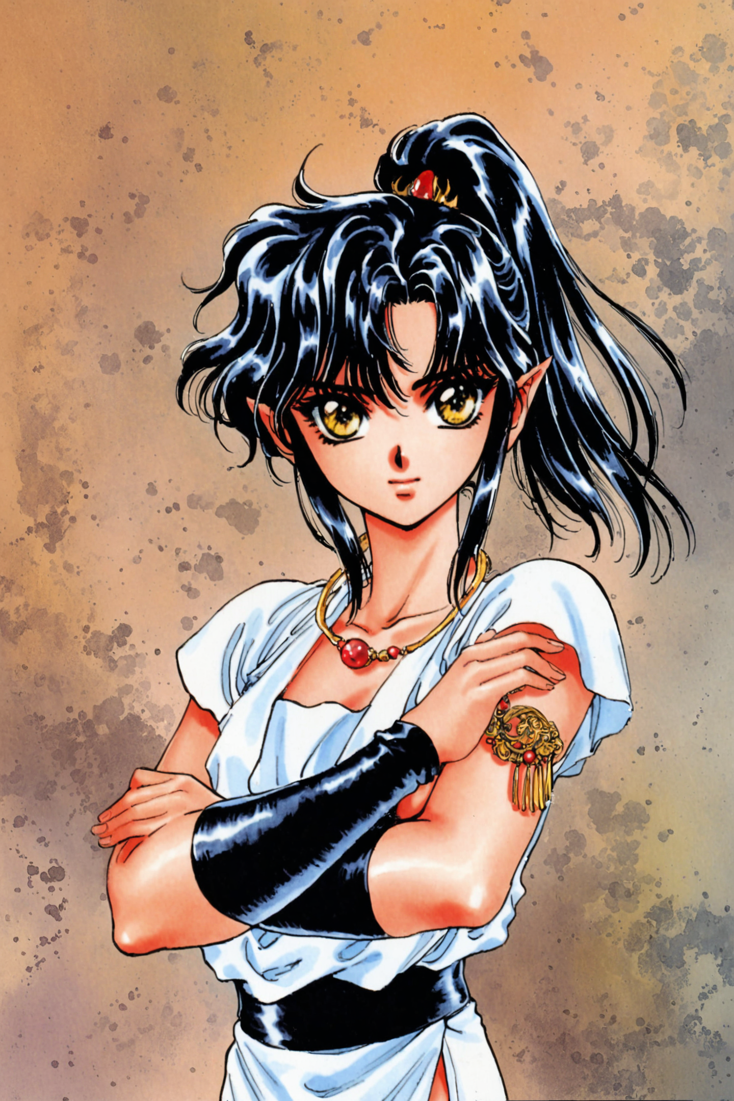28588-3602463244-Asura,solo,1girl,black hair,jewelry,crossed arms,pointy ears,long hair,yellow eyes,retro artstyle,ponytail,traditional media,_lo.png
